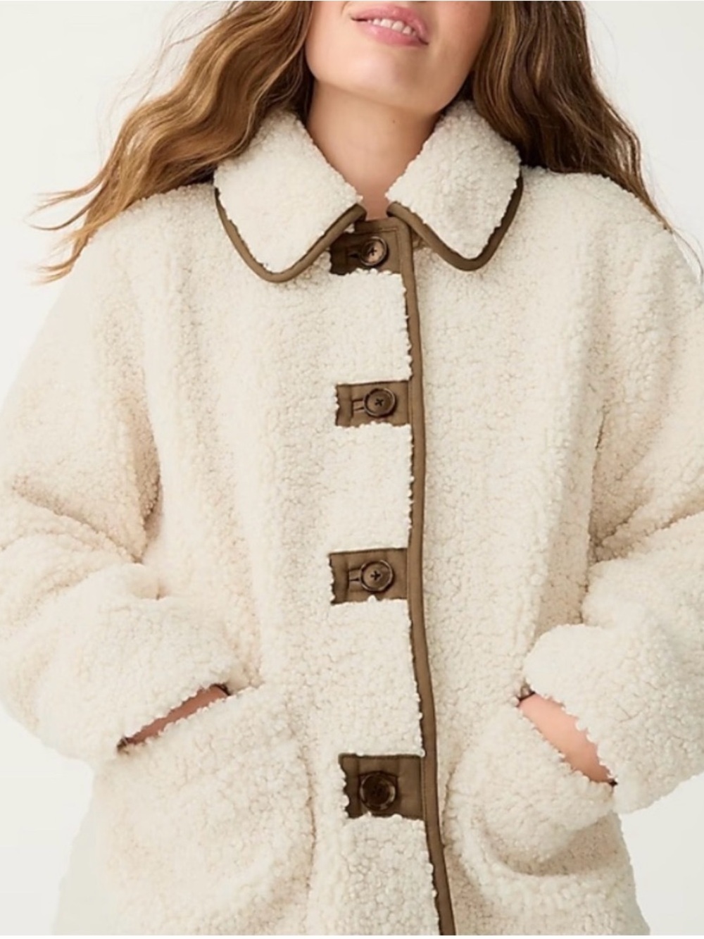 J.Crew Teddy Sherpa Jacket — Dusty Ivory/Olive Trim — Size S — NWOT